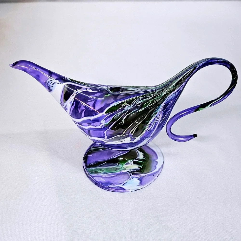 Artisan Genie Lamp Glass Purple Green Swirl Hand Blown Art Decor New Oil Lantern